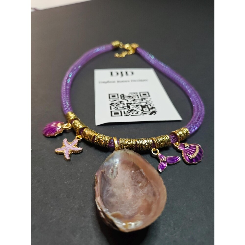 Purple Aqua Crystal Mesh Tube Necklace with Florida Mussel Shell Choker
